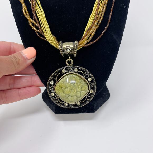 Multilayered Beaded Statement Necklace with Large Pendant Yellow Brown Green - Picture 5 of 7